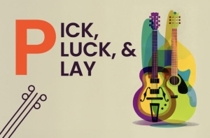 Illustration of two colorful guitars next to the text "Pick, Pluck, & Play" on a beige background with simple line art guitar strings.
