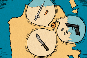 An illustrated map shows a syringe, a knife, and a handgun with bullets in separate circles on a yellow landmass, connected by a lit fuse.