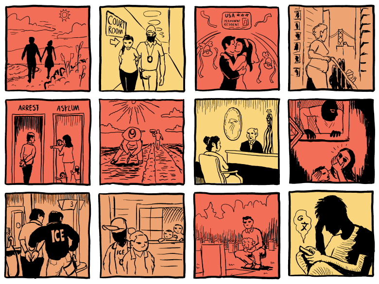 A twelve-panel comic depicts stages of the U.S. immigration process, including court, arrest, family separation, detention, and uncertainty about the future.