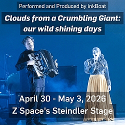 Two performers stand on stage, one playing an accordion and the other singing, with event details for "Clouds from a Crumbling Giant" shown in text.
