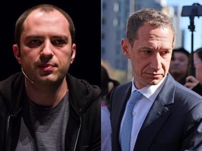 Split image showing two men: the left man is in casual clothing in a dimly lit setting, while the right man is in a suit outdoors with people and buildings in the background.