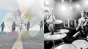 Split image: left side shows four people on a grassy hill with a bare tree and overlapping translucent circles; right side shows a drummer performing on stage in black and white.