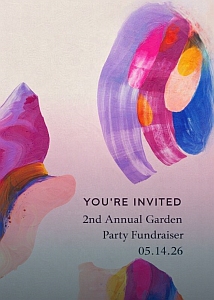Invitation with colorful abstract art and text: "You're Invited. 2nd Annual Garden Party Fundraiser. 05.14.26.