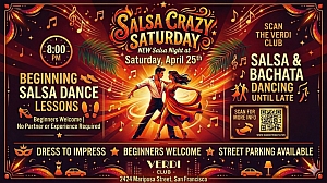 Colorful poster advertising "Salsa Crazy Saturday" with salsa dance lessons, event details, and QR code at Verdi Club, San Francisco. Features dancing couple illustration.