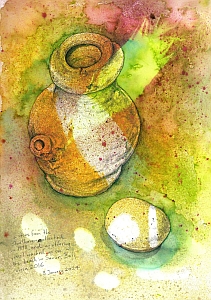 Watercolor painting of a round pottery jug and a small bowl on a vibrant yellow and green abstract background with splattered paint effects. Handwritten text is visible in the bottom left corner.