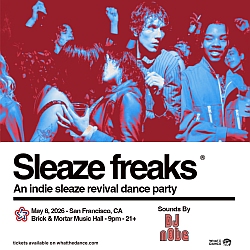 A group of young adults dance and pose in a dimly lit club under blue and red lights. Event details for "Sleaze Freaks," an indie sleaze revival dance party, are displayed below.