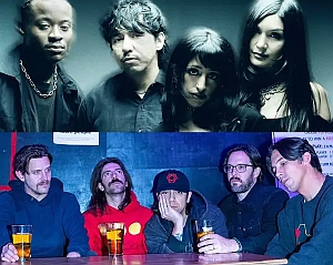 Two bands are pictured: the top group poses for a black-and-white photo, while the bottom group sits at a table with drinks in a casual, colorful setting.
