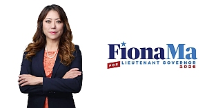 A woman stands with arms crossed next to a campaign logo that reads “Fiona Ma for Lieutenant Governor 2026” on a white background.