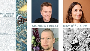 Promotional image for "Kader's Quest" showing event details, three headshots, and graphic art. Text highlights a signing event on Friday, May 8th at 6 PM.