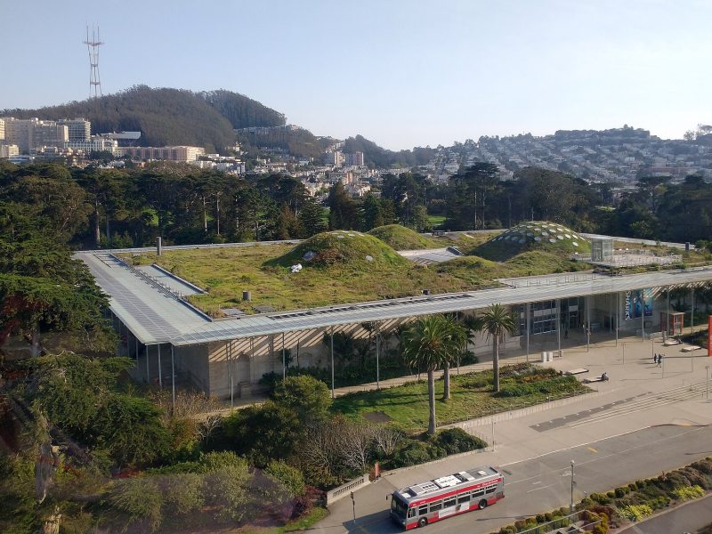 A modern building, like the Academy of Sciences, features a green roof covered in plants, surrounded by trees, with hills, city buildings, and a red bus in the background.