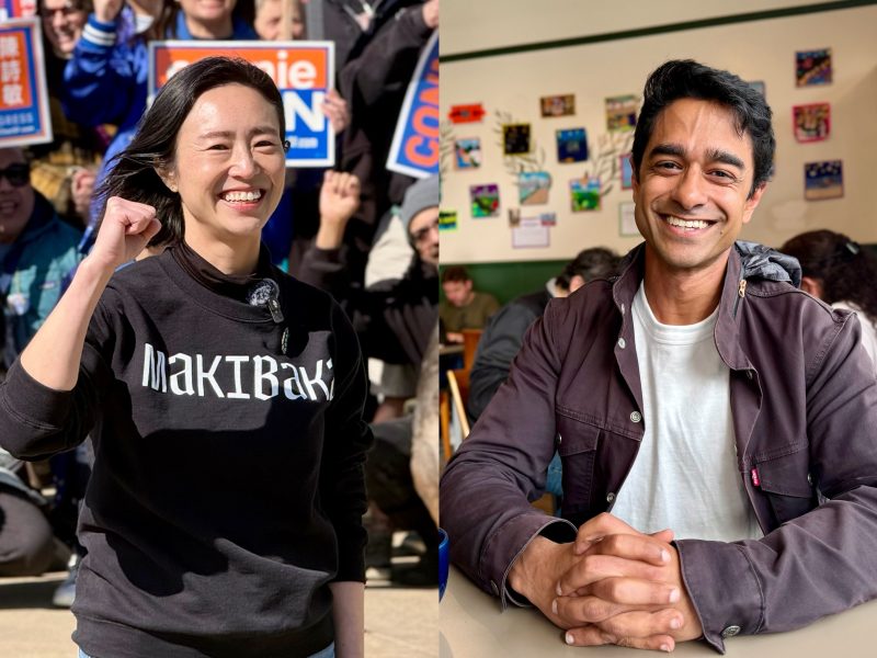Split image: On the left, a woman smiles and raises her fist at an outdoor event; on the right, a man sits at a table indoors, smiling at the camera.