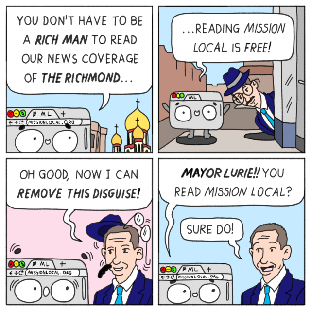 A comic strip shows a robot saying news is free to read; a man in disguise reveals himself as the mayor, confirming he reads Mission Local.