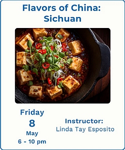 A skillet of Sichuan tofu is garnished with sliced chili and green onions. Text details a cooking class on May 8, 6–10 pm, taught by Linda Tay Esposito.