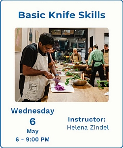 A person in an apron slices onions at a kitchen counter during a Basic Knife Skills class scheduled for May 6, 6–9 PM with instructor Helena Zindel.