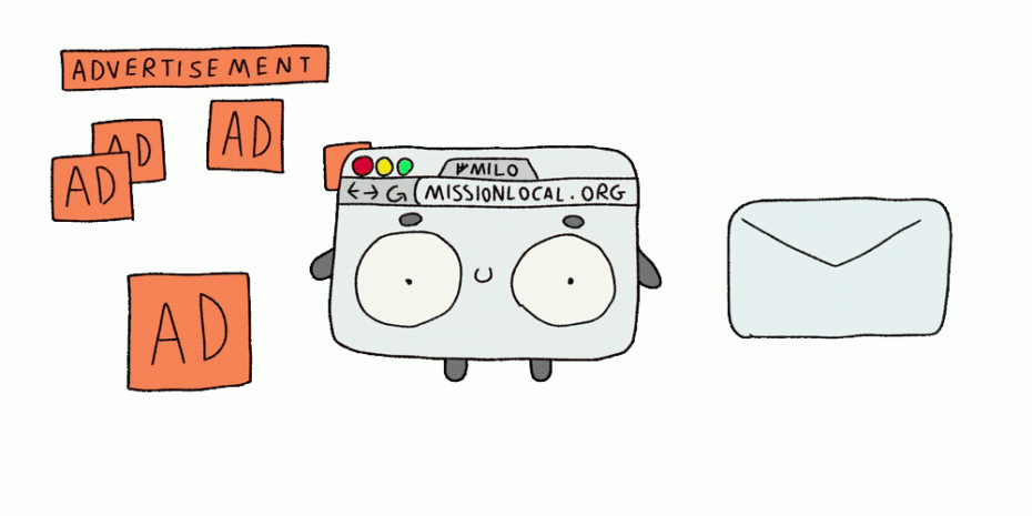Cartoon of a web browser with a face, surrounded by orange “AD” boxes labeled “Advertisement,” next to an envelope icon.