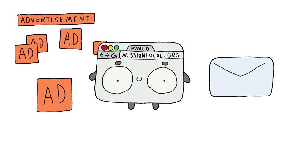 Cartoon of a web browser with a face, surrounded by orange “AD” boxes labeled “Advertisement,” next to an envelope icon.