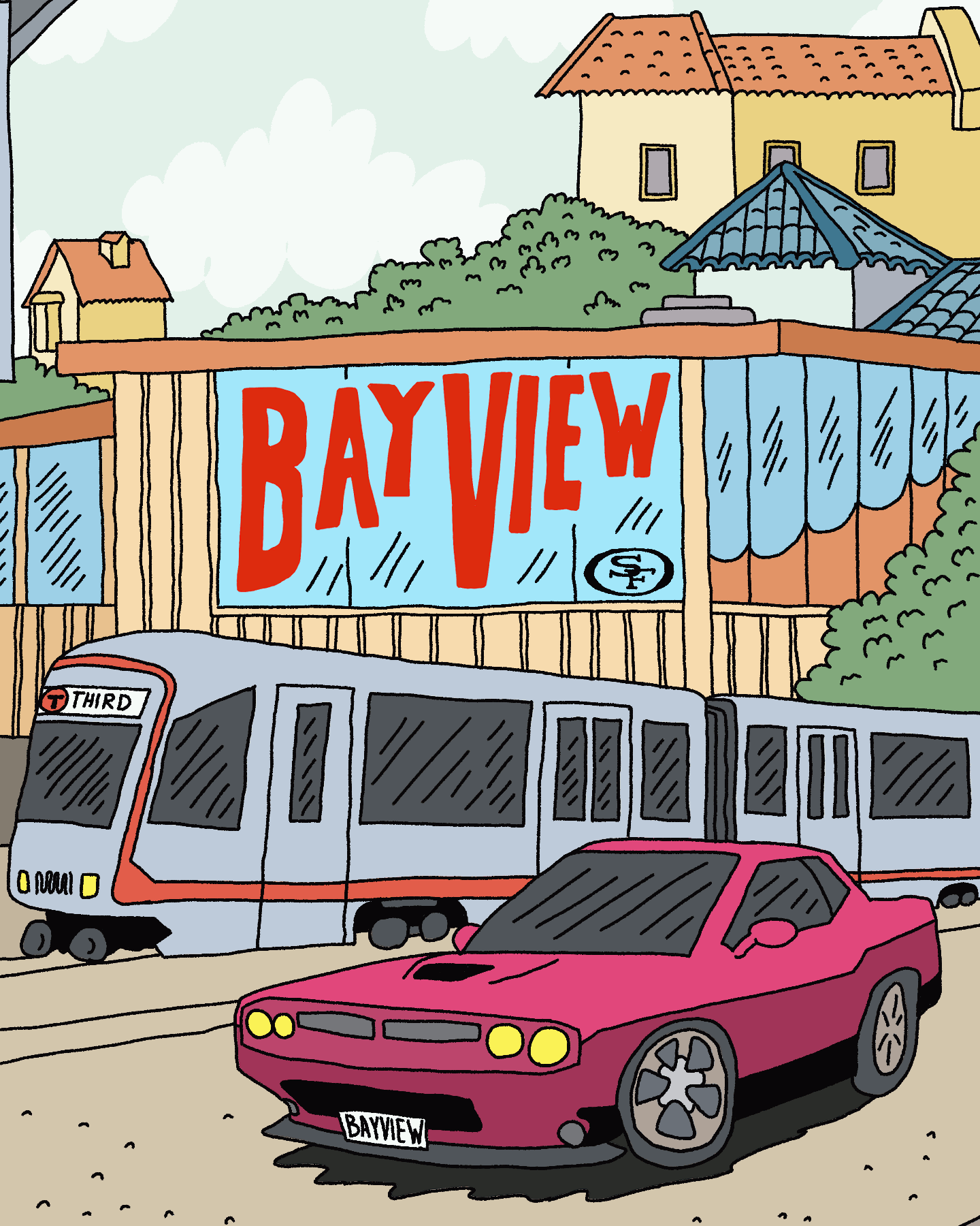 A red car with a "BAYVIEW" license plate is parked in front of a train and a building with a large "BAYVIEW" sign in an urban neighborhood.