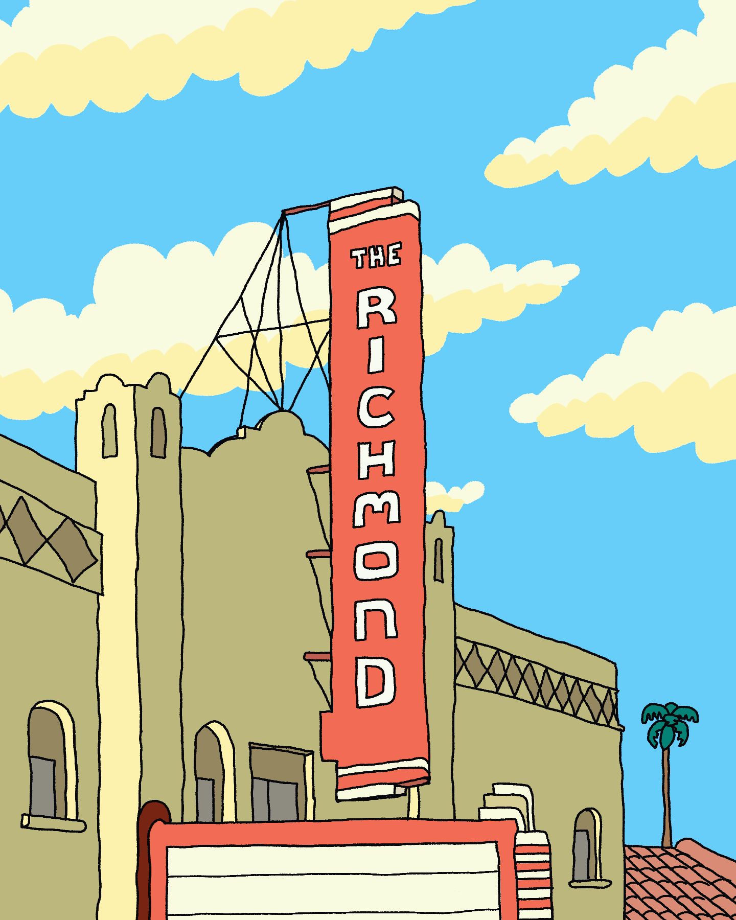 A red vertical sign reading "The Richmond" is attached to a tan building with arched windows, under a blue sky with scattered clouds.