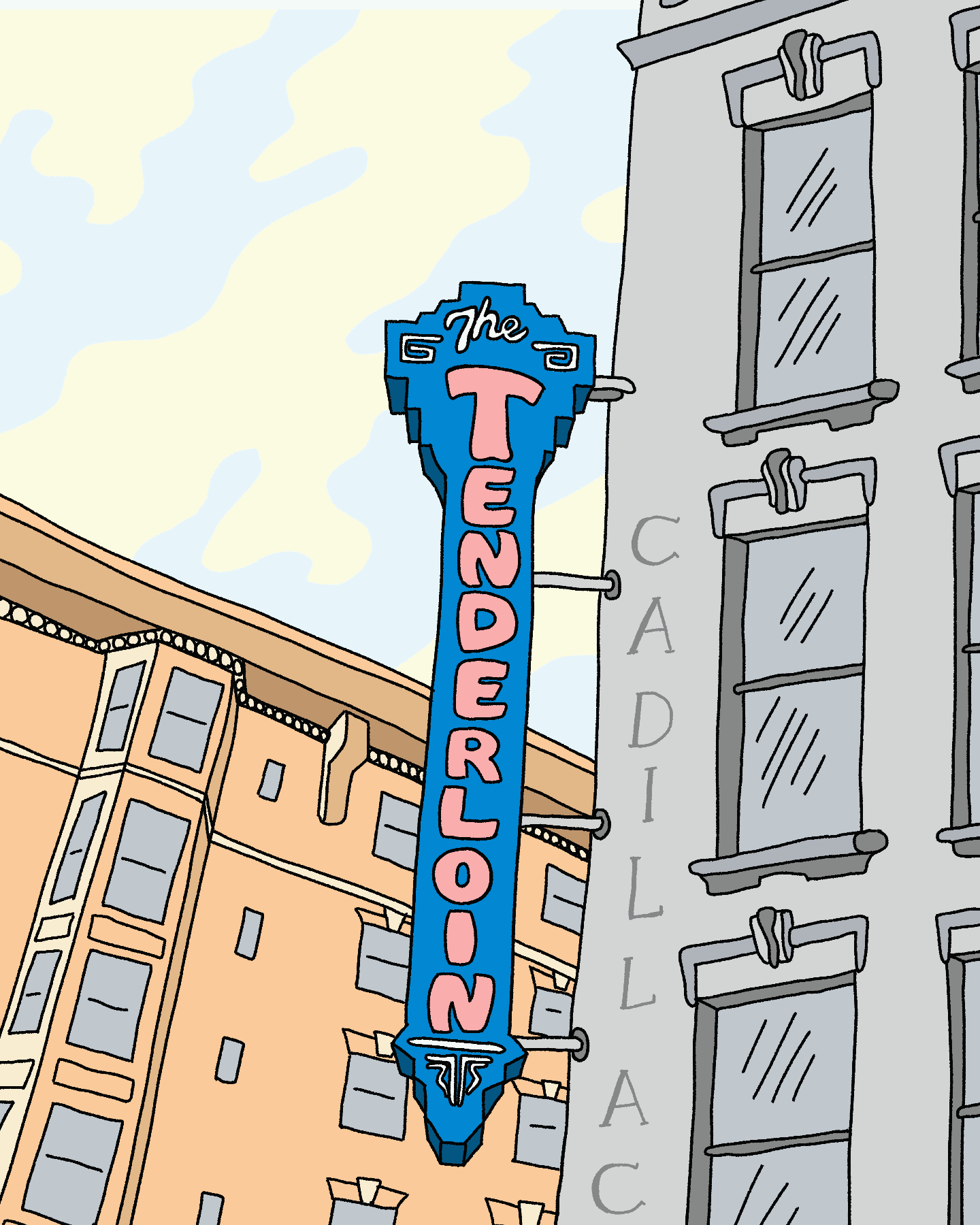 A vertical neon sign reading "The Tenderloin" is mounted on a building next to another building labeled "Cadillac." The scene is illustrated in pastel colors.