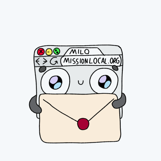 Cartoon browser window with the text "MILO" and "MISSIONLOCAL.ORG" holds an envelope sealed with a red wax stamp.
