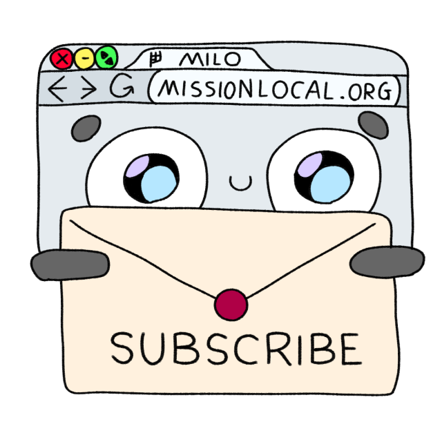 Cartoon browser window with eyes holds an envelope labeled "SUBSCRIBE." The browser tab reads "Milo" and the URL is "MISSIONLOCAL.ORG.