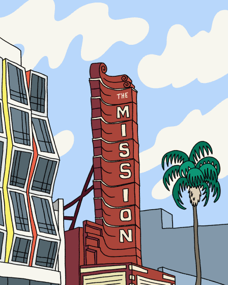 Red vertical "The Mission" sign on a theater building, geometric modern building to the left, palm tree and blue sky with clouds in the background.